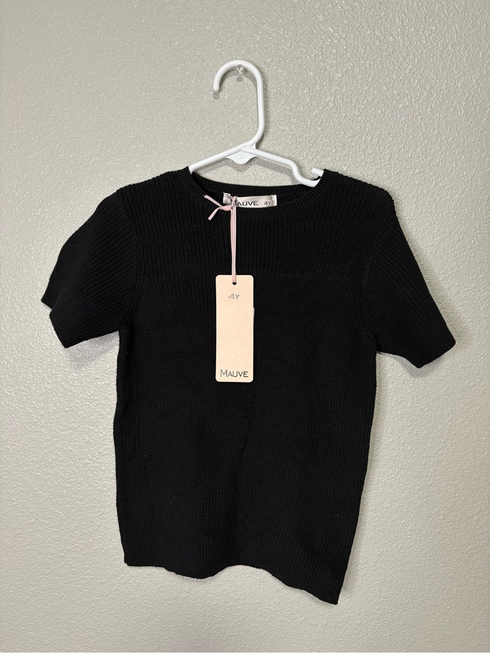 Mauve Black Ribbed Knit Sweater Top NWT 100% Cotton Short Sleeve Crew Neck